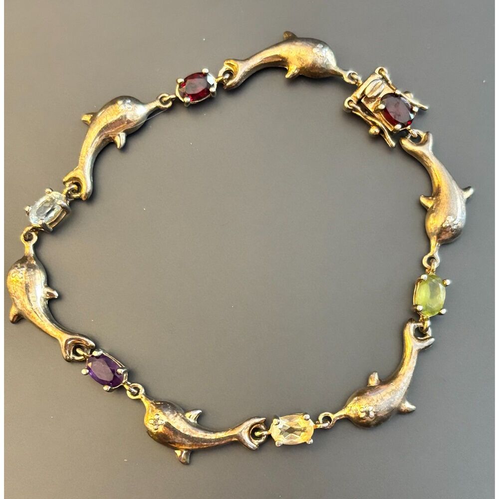 Vintage Multi-Gem Dolphin Design Gold Finish Sterling Silver Bracelet 7.5"
